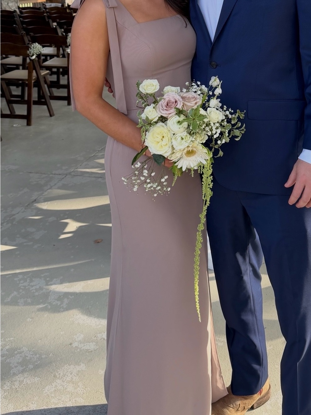 Taupe fit-and-flare bridesmaid dress